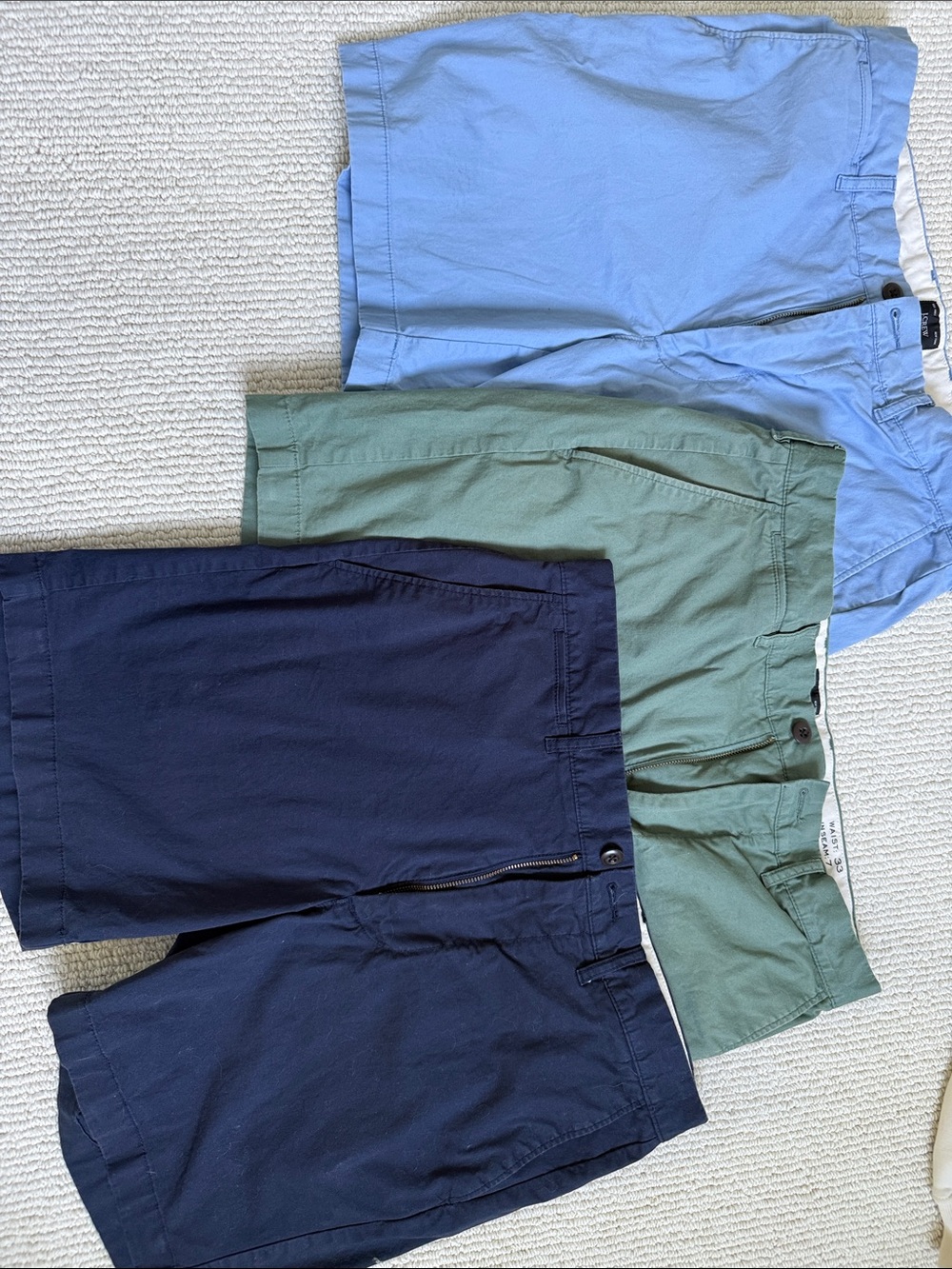 J. Crew Flat Front Chino Shorts - Navy, Sage, Light Blue